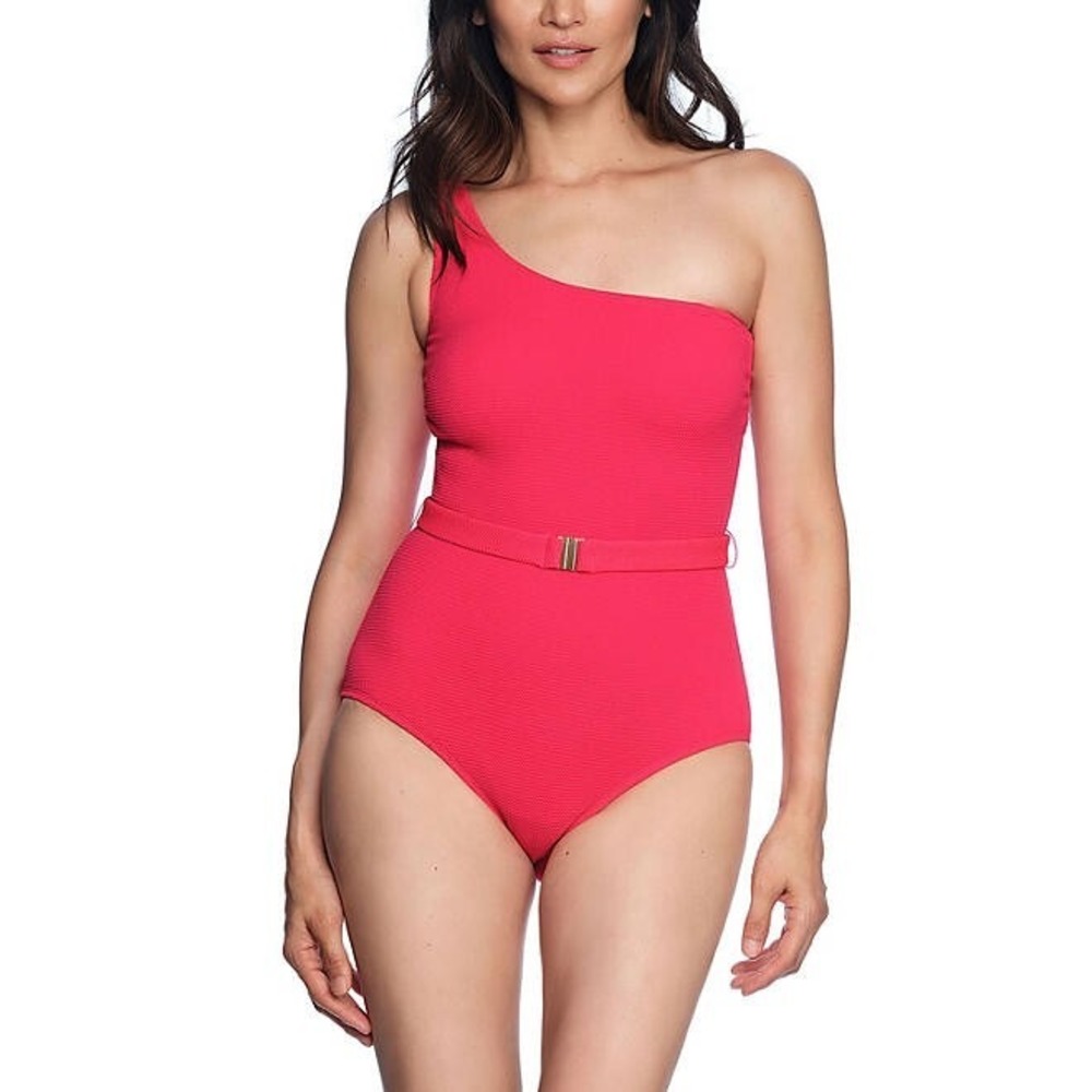 Loft Womens Asymmetrical Textured One-Piece Swimsuit XXL Red UPF 50 Belted NWT